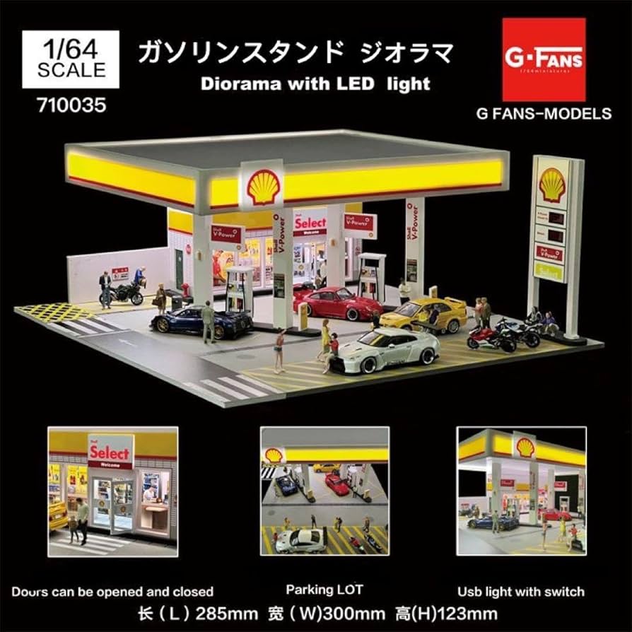 新発売 1/64 shellガソリンスタンドジオラマ　駐車場付き　G-FANS Amazon | 1/64 shellガソリンスタンドジオラマ 駐車場付き G